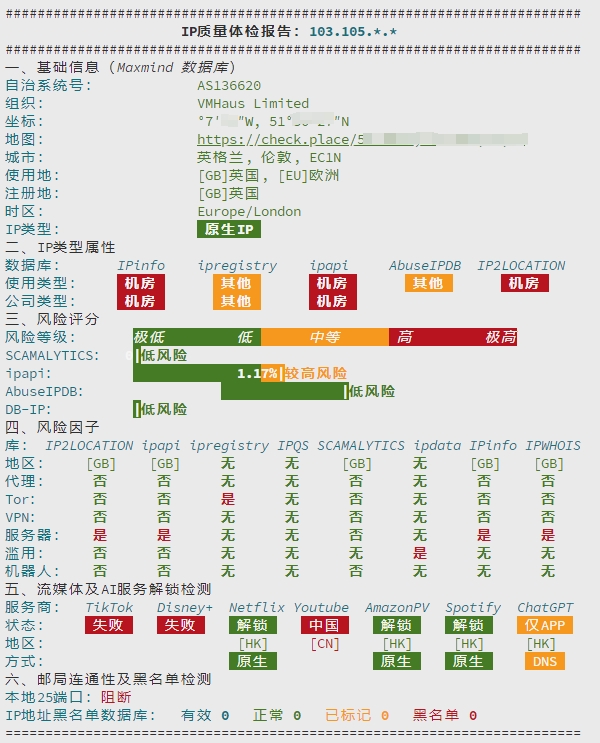 今日分享：英国伦敦原生IP（103.105..,非TikTok专线节点）质量体检报告插图