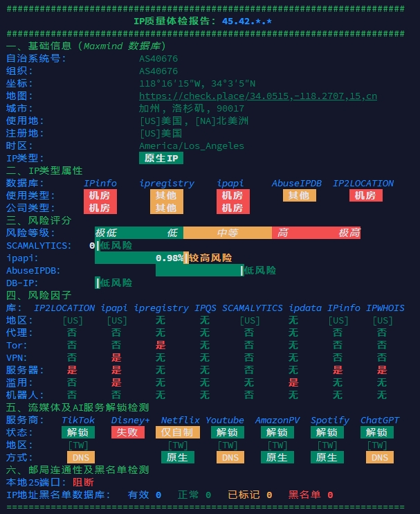 今日分享：美国洛杉矶原生IP（45.42.*.*,TikTok专线节点）质量体检报告插图